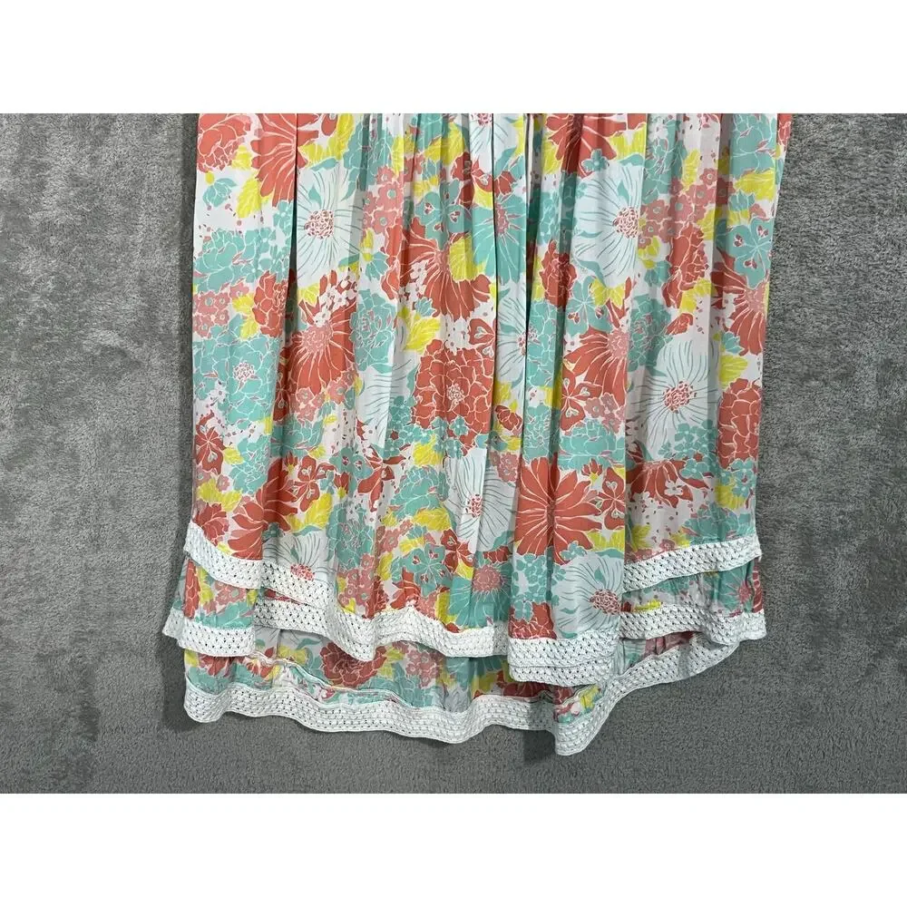 Poupette St Barth Sasha Mini Dress Coral Flowy Floral Fringe Lace Trim Resort - Picture 3 of 7